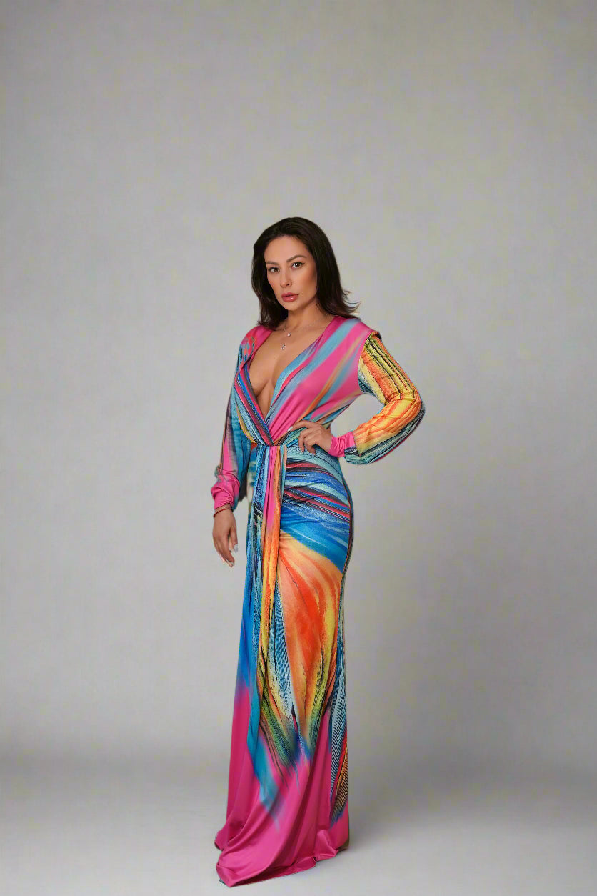 Rainbow Deep V Maxi Dress