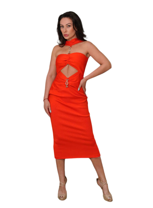 Bold Red Cut-Out Midi Dress