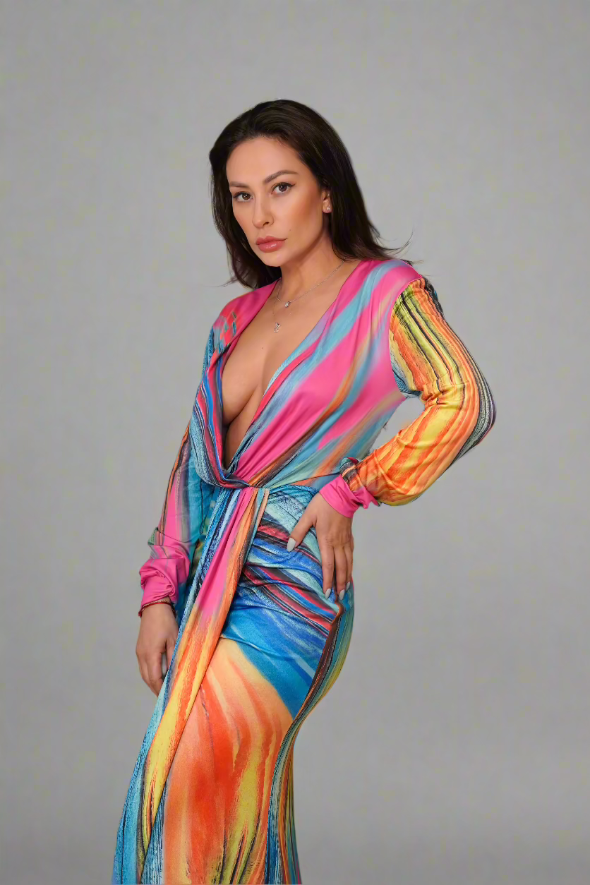Rainbow Deep V Maxi Dress